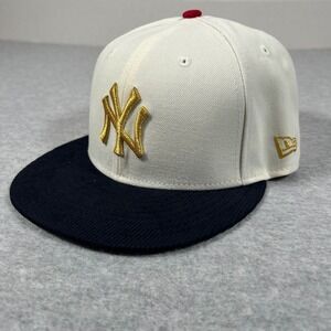 New Era NY Yankees Hat 7 1/2 Cream 59Fifty Fitted MLB New York Corduroy Brim NEW